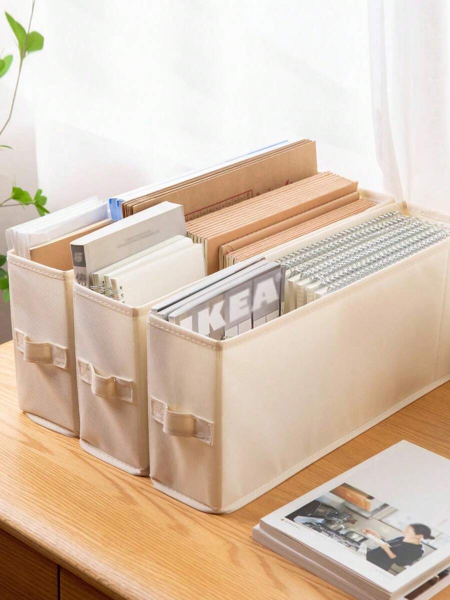 新款牛津布桌面收纳盒带抽屉，桌面文件，办公用品，笔记本和书籍收纳盒，超薄床头柜可折叠矩形收纳盒，适用于家居用品 - 米色 - 查看 1