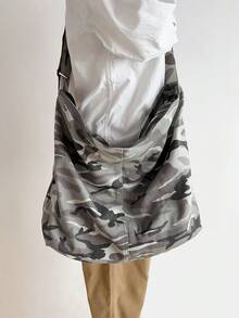 Fashion Large Capacity Camouflage Gray Washed Vintage Distressed Canvas Bag, Simple Casual Versatile Zipper Closure Shoulder Bag Suitable For Daily Use, School, College, Short Trip, Folding Patchwork Crossbody Bag, Slouchy Wanderlust Outdoor Camping Tote - smoke gray - View 4