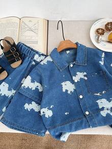 Kleinkind Jungen Outfit mit Spritzer Farbdruck Jeans, Neuer Sommer Kurzarm T-Shirt und Shorts Set, Modische Jacke und Hose - Blau - Übersicht 3