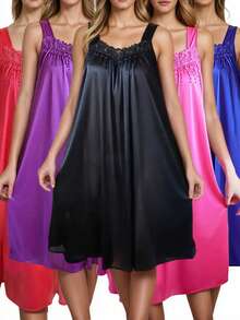 5 Ladies Elegant Solid Color Mixed Lace Pajamas Dress, Thin Shoulder Strap Strapless Loose Skirt With Suspenders, Comfortable Pajamas - 彩色 - 查看 2