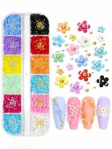 12格3D花卉美甲装饰，珍珠，钢球花，马卡龙美甲混搭配件DIY指甲饰物指甲宝石美甲用品指甲 - 彩色 - 查看 3