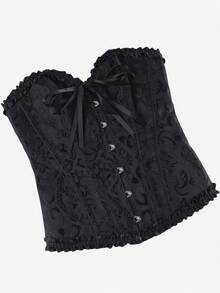 经典束胸紧身胸衣，露肩甜美修身紧身衣，荷叶边腰部束腰上衣，适合化妆舞会、万圣节，黑色提花 - 黑色 - 查看 5