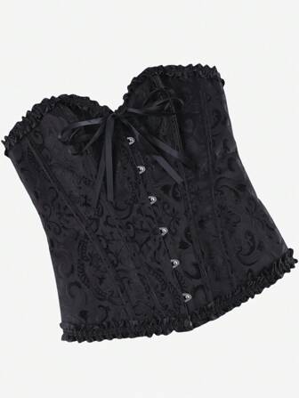 Classic Overbust Corset Bustier, Strapless Sweet Fitted Boned Bodysuit, Ruffle Trim Waist Cincher Tops For Masquerade, Halloween, Black Jacquard