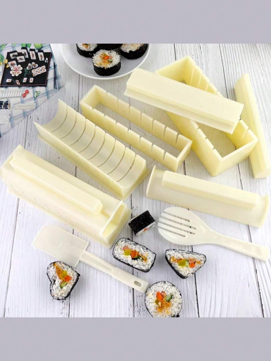 寿司制作套装、DIY寿司卷模具、海苔米模具、蛋糕卷模具、午餐盒配件、圆形、方形和心形，非常适合制作完美的米饭和蔬菜卷，塑料材质，易于使用，家用厨房工具，厨房用品。