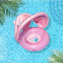 1PC Summer Inflatable Baby Ring, Pink Mermaid Tail Shaped Swim Float For Beach, Baby Mermaid Swim Ring Pool Rings With Sun Protection Canopy For Pool Beach, Inflatable Seat For Swimming Pool