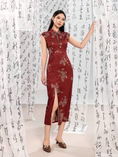 Modern Sleeveless Qipao Dress With Stand Collar - Woven Jacquard Fabric Midi Dress With Side Slit Hem For Spring/Autumn Formal & Semi-Formal Occasions,New Chinese Style Cheongsam Qipao Dress