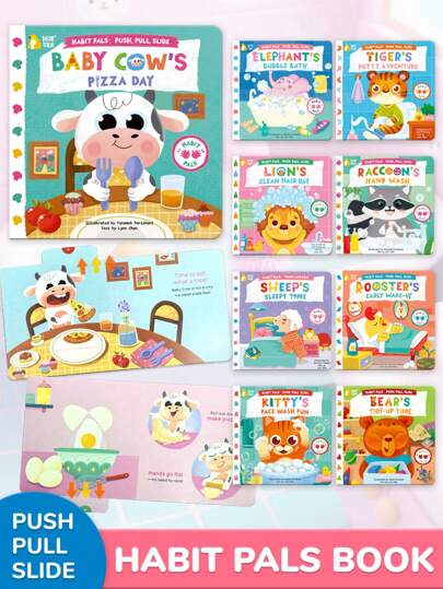 beartale 1 set carte de activități cu diapozitive împingătoare-trăgătoare pentru copii, cărți ilustrate cu diferite teme pentru animale, preșcolari, formarea obiceiurilor, stil de ilustrație drăguț, carte interactivă cu imagini împingătoare-trăgătoare, educație timpurie, jucării educative cu ilustrații vii, jucării de călătorie, jucării pentru copii, cadouri de petrecere pentru copii, materiale didactice, jucării pentru fete, jucării pentru băieți.