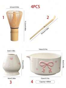 1pc/2pcs/3pcs/4pcs Heart & Bow Ceramic Matcha Set - Matcha Bowl, Matcha Whisk, Matcha Cup, Stirrer, Matcha Utensil Set For Matcha, Baking & Tea Preparation, Japanese Gift Set For Matcha Lovers