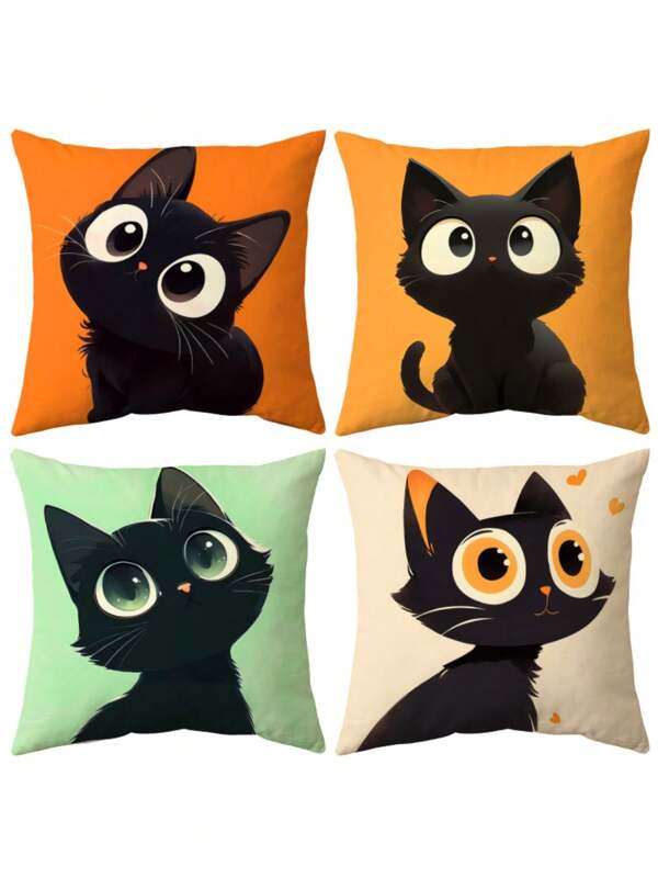 4pcs/Set Cute Black Cat Pattern Pillow Covers, 18x18inch Decorative Home Throw Pillow Cases, Spandex Washable Zipper, For Living Room Sofa Bedroom Hotel Decor, Pillow Inserts Not Included