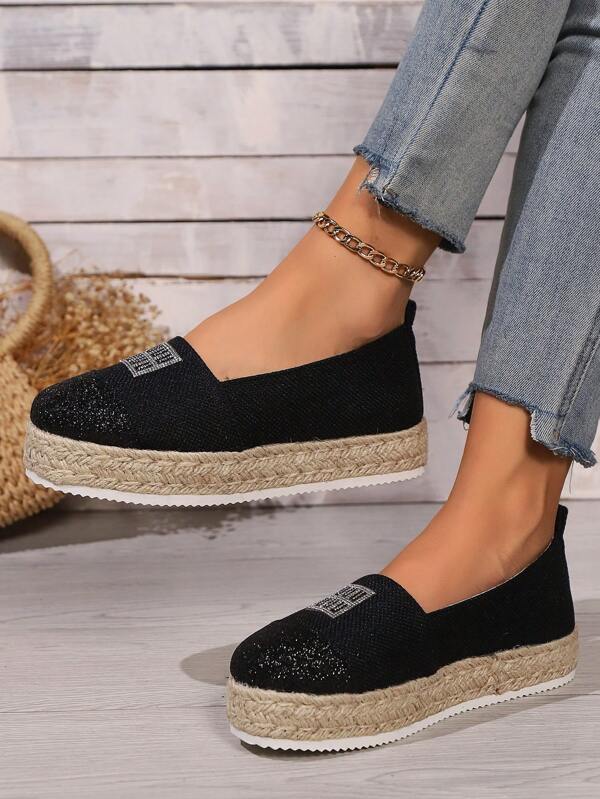 Women's Thick Sole Woven Espadrille Platform Casual Slip-On Flats With Rhinestone Decor, Black, Versatile Fashion For Spring/Autumn