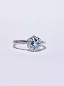 1pc S925 Sterling Silver Sky Blue Topaz Hexagon Ring, Hypoallergenic, Adjustable Size, Suitable For Party, Music Festival, Valentine's Day Gift, Elegant Bohemian Rose Design, Timeless