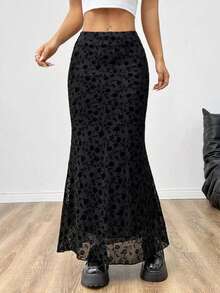 Falda larga estilo sirena de terciopelo floral negro para mujer - Negro - Ver 4