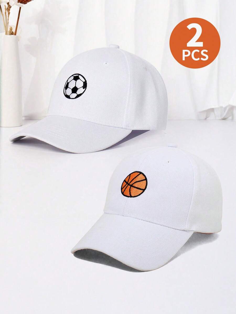 2 piezas Gorra de béisbol informal unisex para niños, gorra de protección solar bordada de unicolor para deportes y exteriores - Fútbol blanco + baloncesto blanco - Ver 1