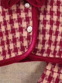 2 件女婴天鹅绒领蝴蝶结格子夹克和百褶裙套装，秋冬优雅装扮 - 酒紅色 - 查看 5