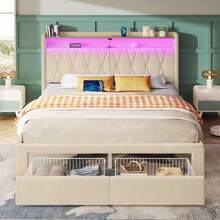 GREENSTELL Bed Frame With Drawer & LED Lights, Upholstered Platform Bed Frame With 2-Tier Storage Headborad & Charging Station, Sturdy Wooden Slats Support, Noise-Free, No Box Spring Needed - 查看 4