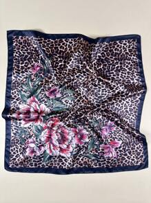 1 Stück Damen Blumen und Leopard Muster Quadratischer Schal, elegantes Halstuch Bandana, Satinschal als Haraccessoire