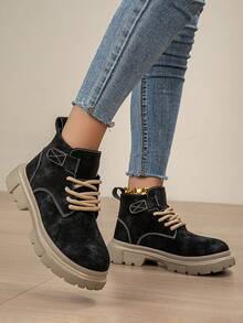 Stivali da combattimento con lacci frontali minimalisti da donna per autunno/inverno, stivali alla caviglia da esterno, stile di coppia, stivali da donna, stivali con platform