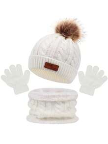3pcs Kids Winter Hat, Scarf & Gloves Set, Warm Thermal Lined Knit Beanie, Neck Warmer & Mittens, Cute & Thick Cold Weather Outfit For Girls, Suitable For 3-8 Years Old - Leather Label Pompom Knitted Three-piece Suit - View 6