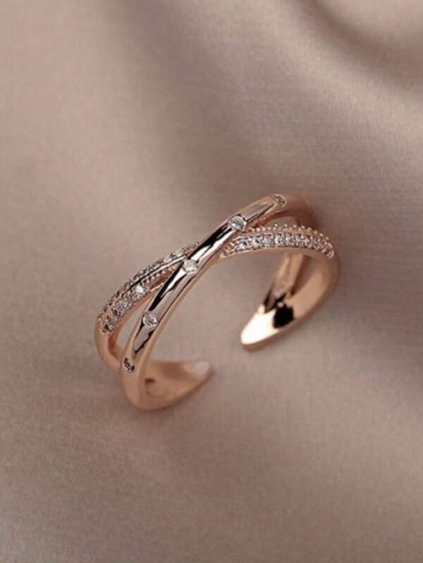 1pc Stainless Steel Rose Gold Cubic Zirconia Cross Ring, Fashionable Personalized Luxury Adjustable Ring For Women