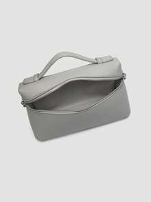 1 pieza Bolso cuadrado de hombro de piel de PU de grano de litchi de unicolor, bolso de mano pequeño para mujeres, adecuado para atuendo de moda diaria y salidas - Gris Claro - Ver 7