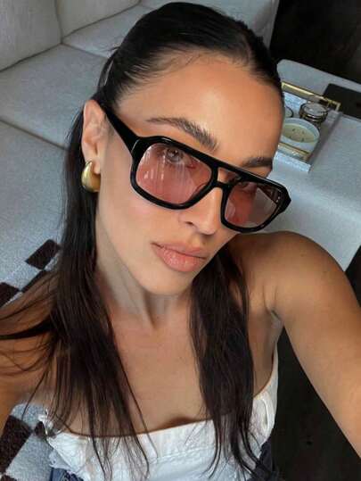 1pc New Fashionable Shiny Neon Pink Oversized Women's Pilot Glasses, Suitable For Spring/Summer Beach, Outdoor Travel, Versatile