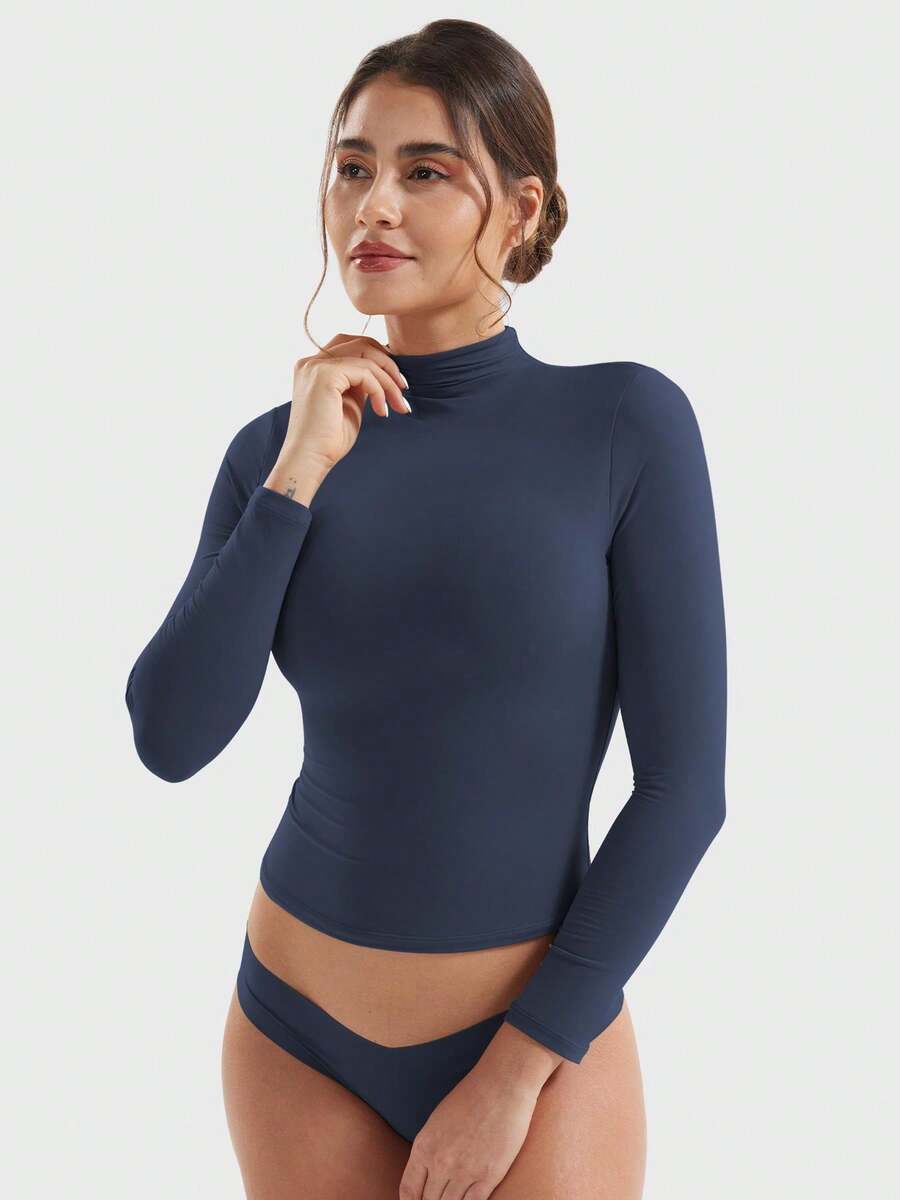 YEOREO Long Sleeve Workout Crop Mock Thermal Turtle Necks Double Lined Base Layer Tops Running Gym Shirts Women Sariah Underscrub Y2k Undershirt  Gym Clothes Women Tops Active Wear Women Workout Tops Gym Clothes - 深藍 - 查看 1