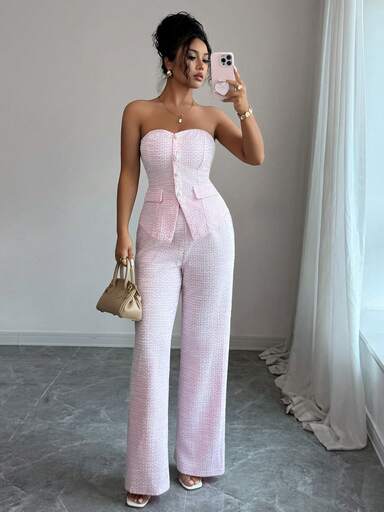 LilyHouse Women's Small Fragrance Style Two Pieces Elegant Office Commuting Sexy Blouse And Loose Straight Leg Pantsuit Fall/Winter Women Clothes, Fit For Daily Commute, Date, Holiday/Birthday Party, New Year Women's Clothes