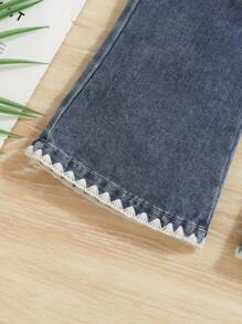 Girls Casual Washed Blue Denim Flare Pants With Shell Embroidery, Versatile Trousers Suitable For Girls All Seasons
