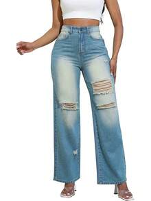 THUNDER Womens High Waisted Wide Leg Jeans Stretchy Distressed Pants - A Blue - View 4
