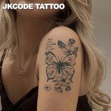 JKCODE TATTOO 防水手臂纹身，半永久芙蓉花和蝴蝶临时纹身，逼真的假植物魔法纹身，防水，持续 1-2 周，适合女性 - 藍色 - 查看 7
