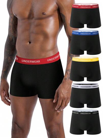 Pacote com 5 cuecas boxer pretas premium de cor sólida masculina, cuecas boxer confortáveis, roupa íntima casual, tamanho grande