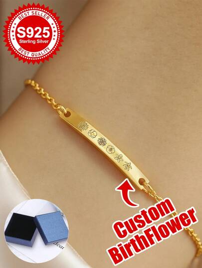 Pulsera de barra personalizada de flor de nacimiento de plata de ley S925 - Regalo personalizado para novia, hermana, mejor amiga, madre y para uno mismo - Perfecto para cumpleaños, aniversario, graduación, estilo delicado diario y momentos memorables