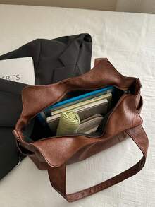 2025 New Fashion Classic Clown Solid Color Large Capacity Retro PU Cloth Shoulder Tote Bag, Suitable For Shopping, Vintage - Brown - View 8