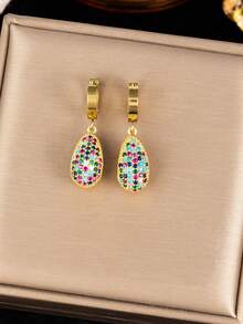 3件套18K镀金不锈钢首饰套装，镶嵌彩色水滴形立方氧化锆项链和耳环，优雅奢华复古韩版时尚，适合日常、通勤、派对、节日庆典等各种场合，女士百搭之选。 - 金黃色 - 查看 3