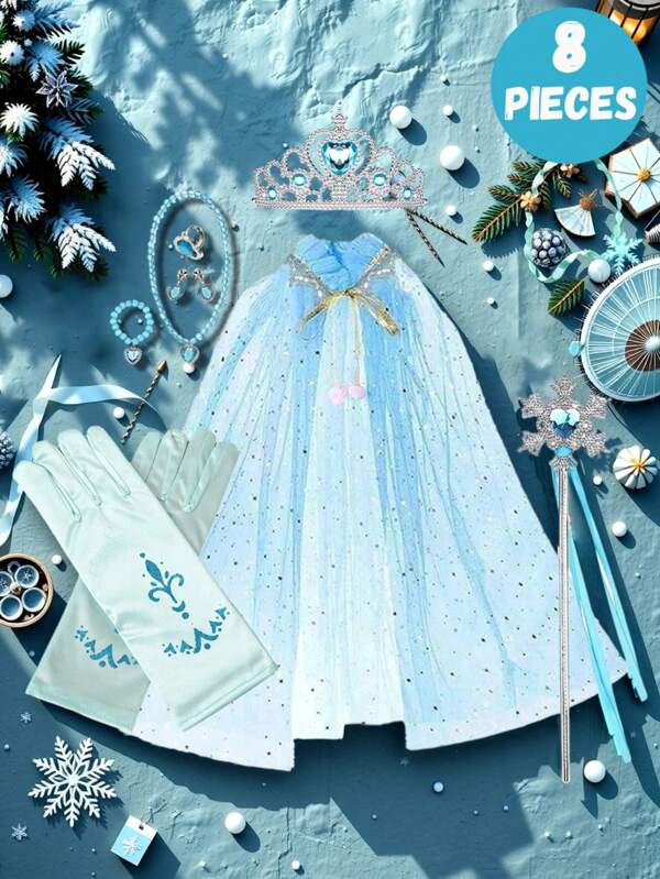 Set da 8 pezzi/7 pezzi/6 pezzi/5 pezzi/4 pezzi/1 pezzo, Corona, mantello e accessori da Principessa delle Nevi, adatto per ragazze dai 3 ai 14 anni, per tutte le stagioni, feste di compleanno, performance e costumi da Principessa, scelta ideale come regalo per le ragazze