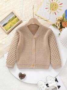 Baby Girls Classic Solid Color Warm Knitted Long Sleeve Sweater Jacket, Retro Style Suitable For Autumn/Winter Outings Or Daily Wear For Family Gatherings - Khaki - View 1