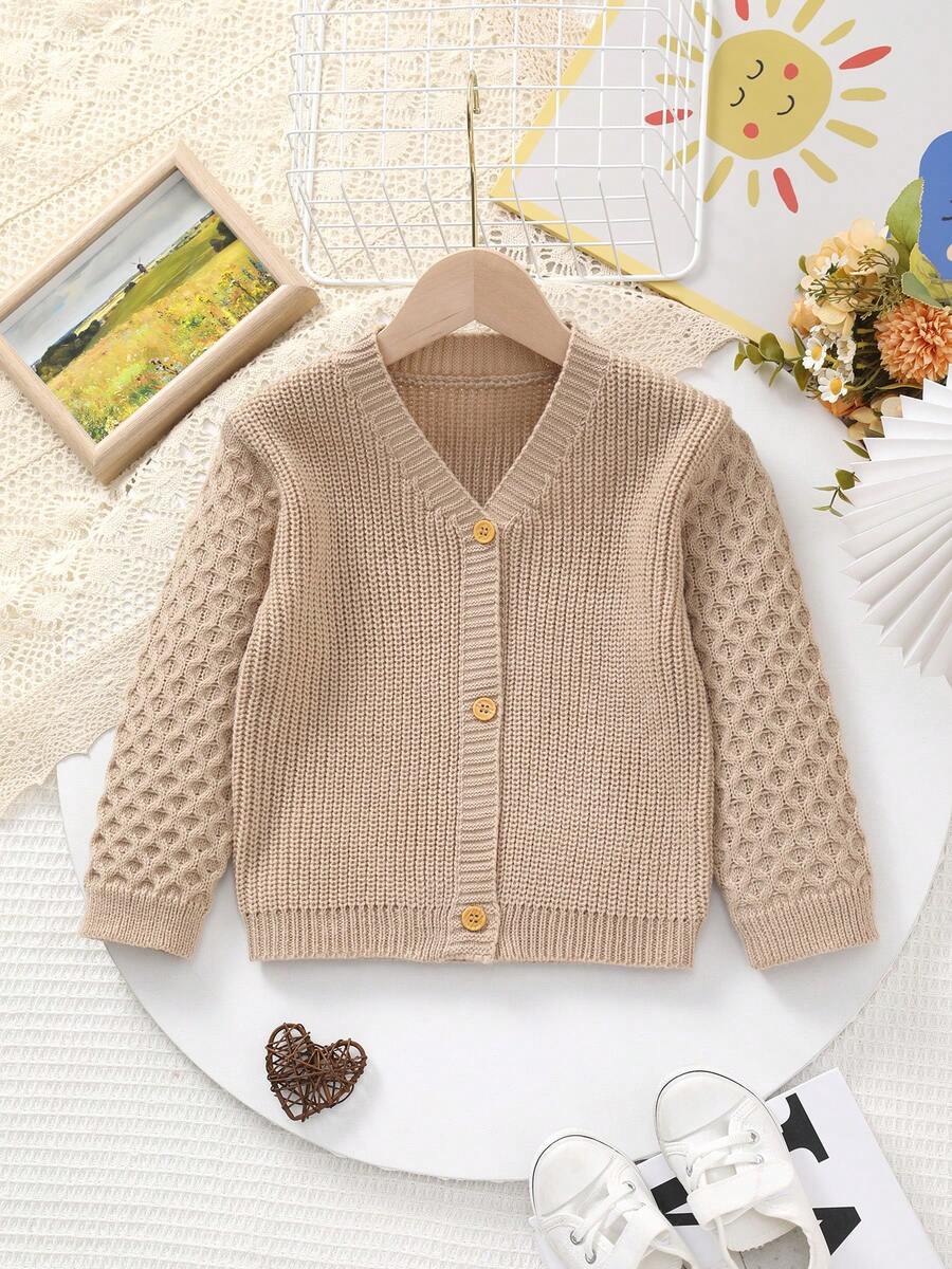 Baby Girls Classic Solid Color Warm Knitted Long Sleeve Sweater Jacket, Retro Style Suitable For Autumn/Winter Outings Or Daily Wear For Family Gatherings - Khaki - View 1