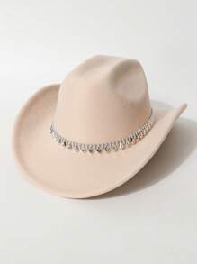 1 Peça Chapéu de Feltro Unissex, Chapéu de Feltro de Lã de Cor Sólida e Plano na Parte Superior com Decoração de Cinto em Formato de Diamante, Chapéu de Cowboy Ocidental Estiloso, Adequado para Noiva, Apresentação, Festa, Uso Externo, Todas as Estações
