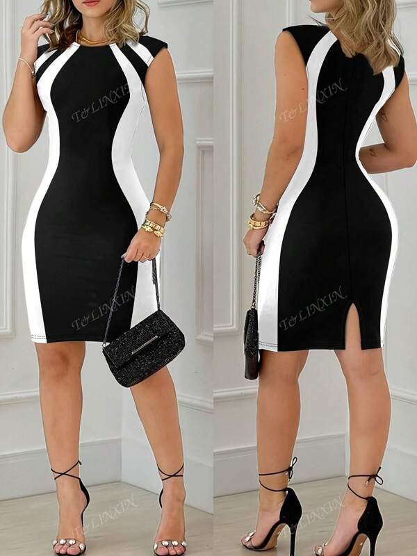 1 Stück Elegantes Damen Farbblockkleid in Schwarz & Weiß mit rundem Kragen und schlanker Passform, modischer Mini-Rock