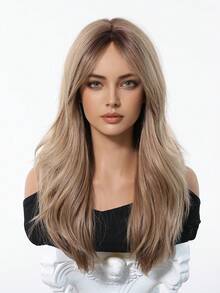 20 Inch Long Straight Blonde Wig With Bangs, Middle Part Layered, Dark Roots, Heat Resistant Synthetic Fiber Wig, Suitable For Daily Wear And Parties, 20 Inch/51cm - Multicolor - View 3