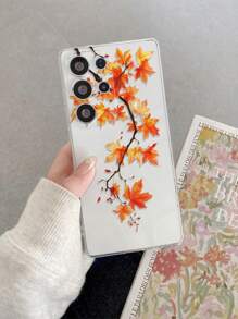 1 pieza Funda de teléfono de TPU transparente y suave con diseño minimalista retro de rama de árbol y hoja de arce, anti-caídas, anti-arañazos y anti-huellas dactilares, con protección para la lente de la cámara, compatible con Apple, Nothing, Pixel, INFINIX, Redmi