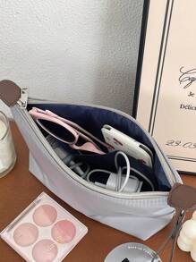 Dumplings Soft Fabric Zipper Makeup Bag, Simple Solid Color Retro Cosmetic Bag, Large Capacity Home Travel Portable Organizer For Women