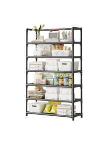 1pc 7-Tier Black Multipurpose Storage Rack, Free-Standing Floor Shelf For Living Room, Bedroom, Entryway, Balcony, Easy Assembly For Small Spaces, Rental House, Dorm - Multicolor - View 3