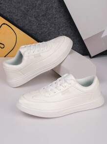 Tênis de Skate de Cano Baixo Masculino - Branco, Design de Moda, Cadarço, Palmilha Confortável de Tecido, Solado MD Durável, Bico Arredondado para Uso Casual, Adequado para Calçado Esportivo em Todas as Estações