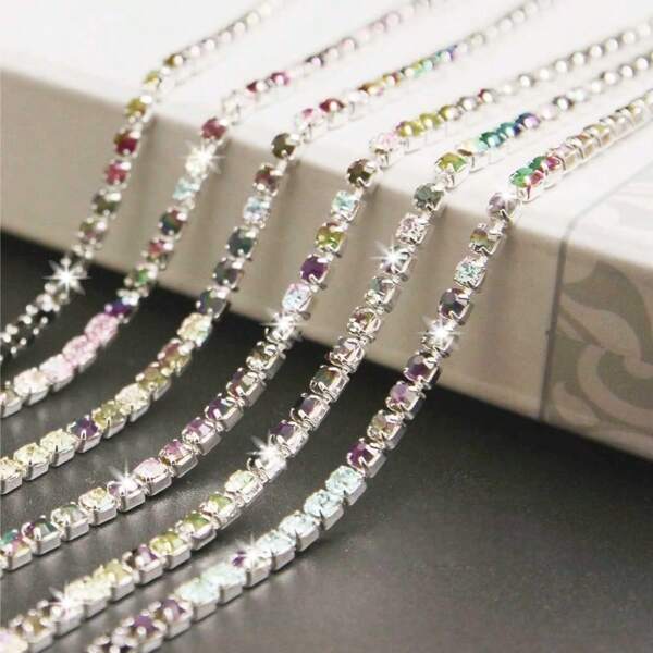 10 Pcs Crystal Decorated Ribbon Closure Chain, For Sewing, Jewelry, Handmade, Wedding, Party DIY Decor, Cup, Shoes Embellishments, 2/4mm Silver Base With Crystal