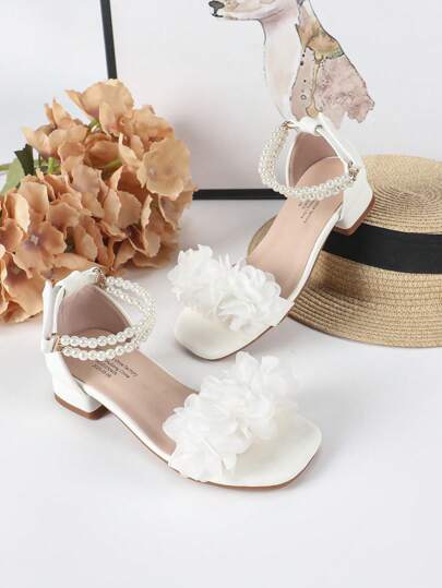 1 Pair Summer New Square Toe Square Heels Floral Pearl Decor Girls Sandals, Girls High Heel Dance/Performance/Daily Wear Sandals