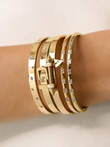 3pcs Silver Punk Hiphop Exaggerated Spike Stainless Steel Bangle Bracelet Set, Inlaid Artificial Zirconia Crystals, Suitable For Women Daily Wear, Gift