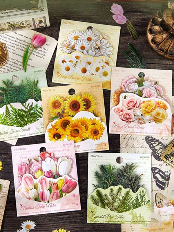 30pcs/Pack Foil Floral Stickers For Scrapbooking, Decorative Crafting, DIY Arts, Holiday Gifts, Personalized Stationery, School Supplies,School Supplies,Back To School