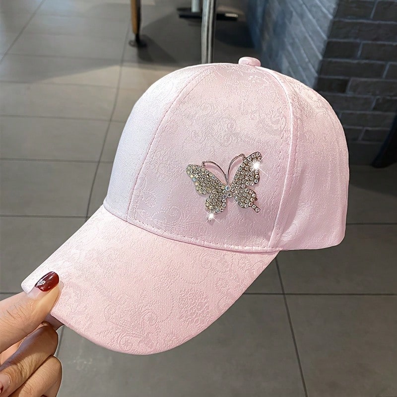 [Elegant | Rhinestone] Lightweight Breathable Polyester Elegant Rhinestone Butterfly Baseball Cap For Women | Adjustable Fit, Lace Print | Perfect For Spring & Summer, Valentine's Day - Màu hồng B - Xem 1