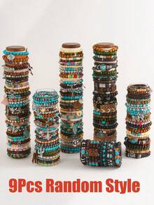 9/17/24/35/47/76pcs Mixed Vintage Handmade Wooden & Turquoise Stone Bead Bracelet Set With Zinc Alloy Pendant - Ideal Jewelry Pack For Daily Party Gifts - Multicolor - View 17